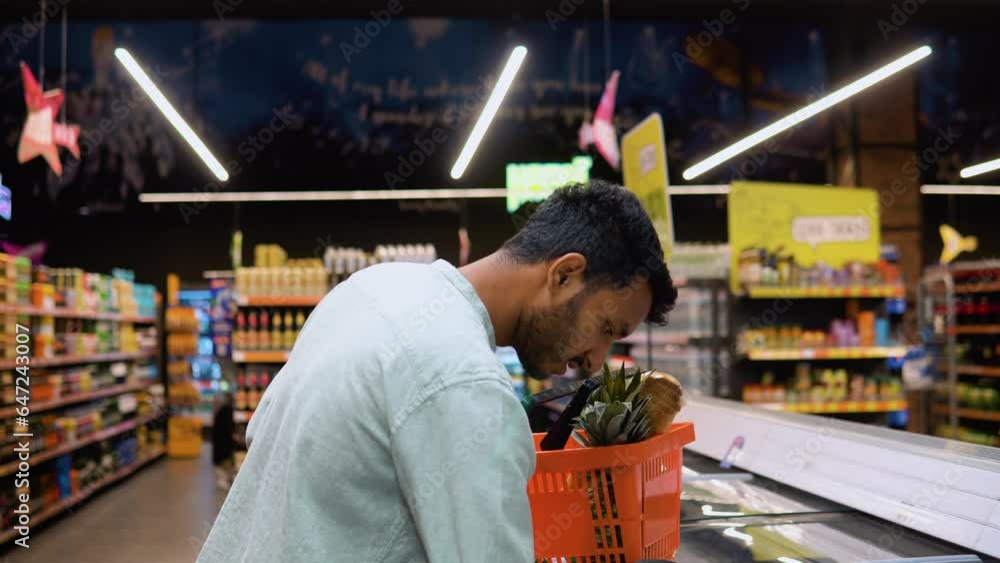 Indian man shopping for frozen fish seafood in supermarket retail store Indian man shopping for frozen fish seafood in supermarket retail store