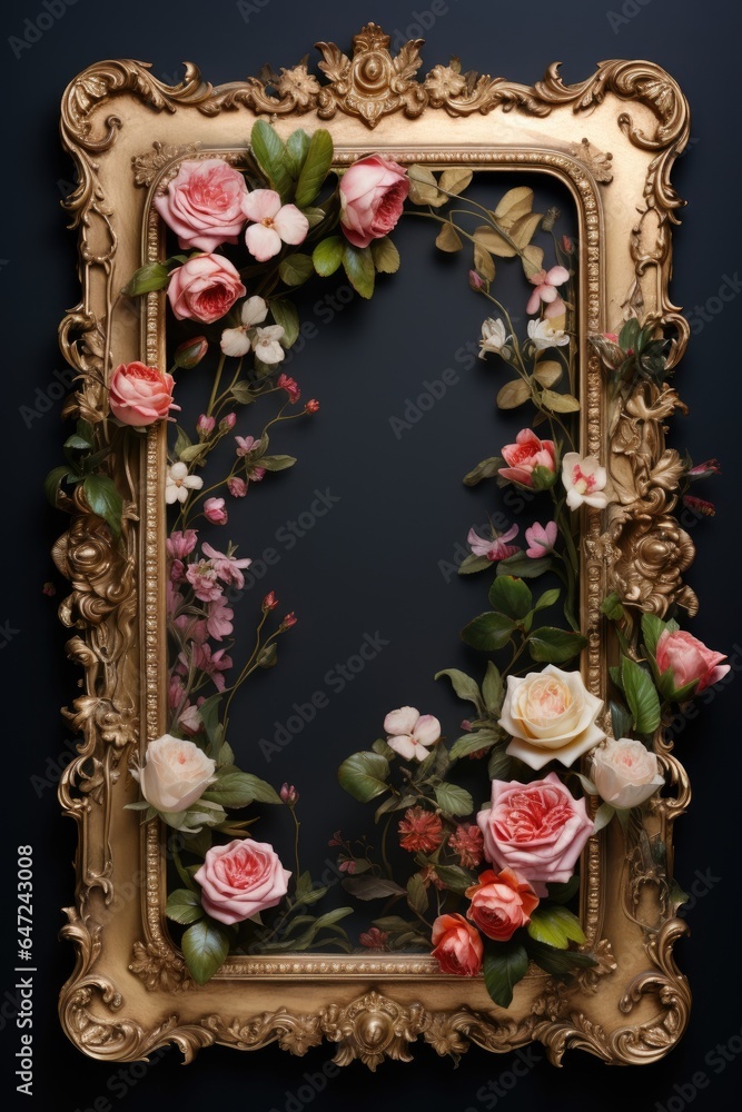 A gold frame with flowers on it
