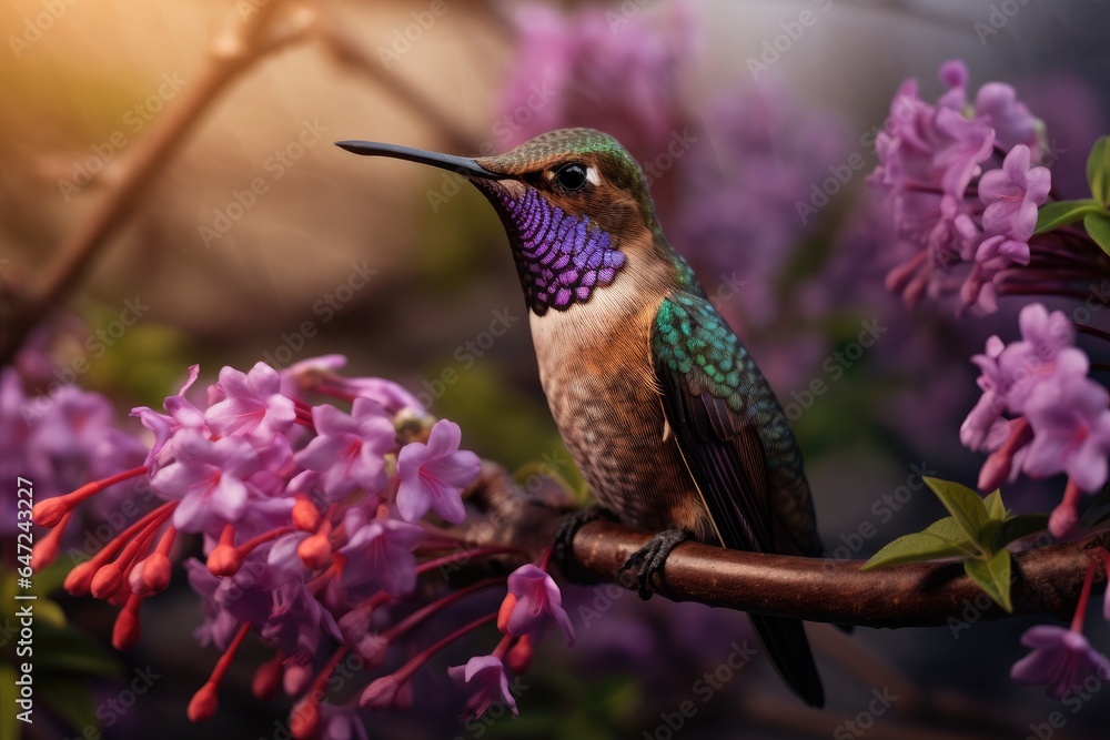 Naklejka premium A hummingbird sits on a branch with purple background