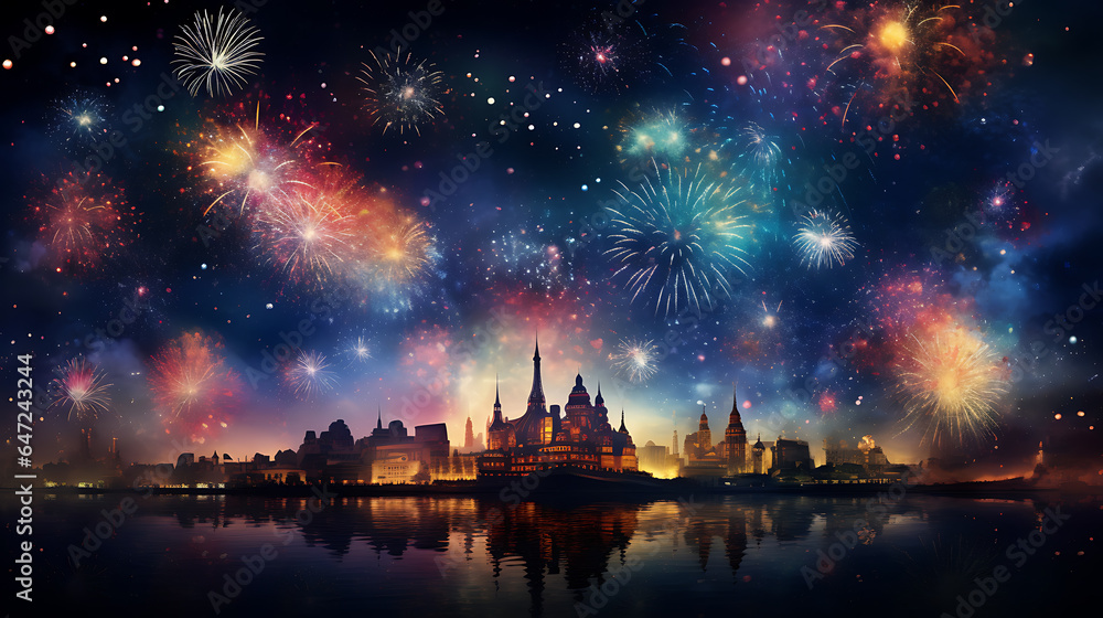 Happy new year background with fireworks at night on city landscape view, cityscape background Ai image generative