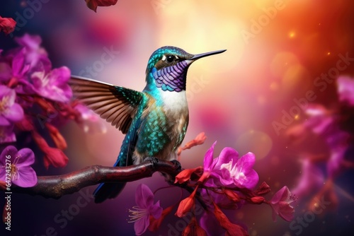 A hummingbird sits on a branch with purple background © Tymofii