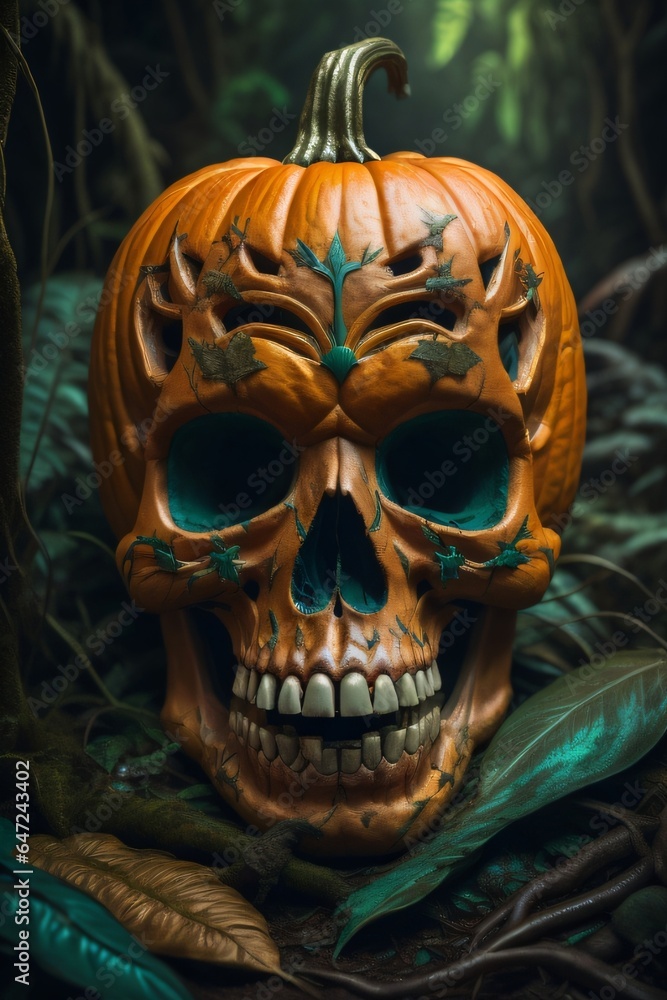 Halloween pumpkin in the shape of a skull in the forest made with Generative AI