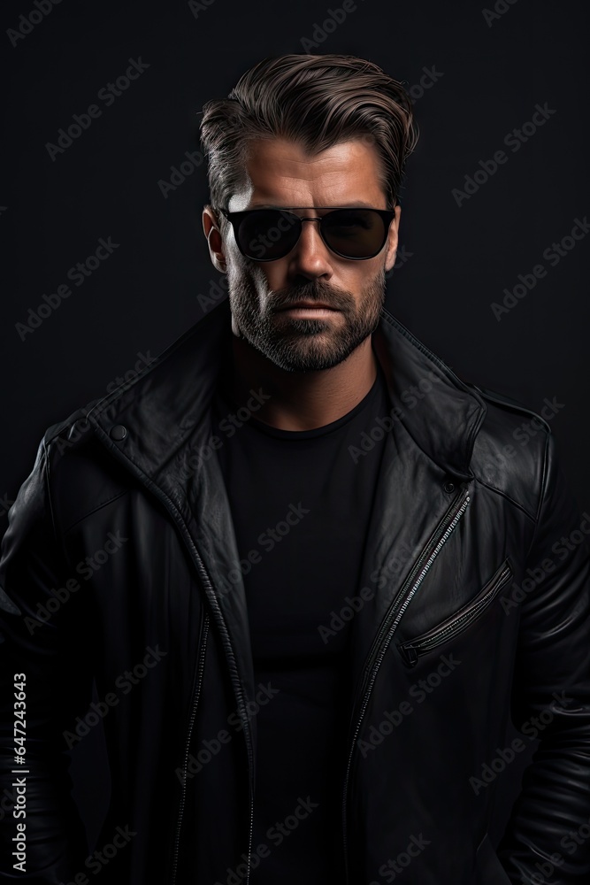 A man in a black jacket and sunglasses A man in a black jacket and sunglasses