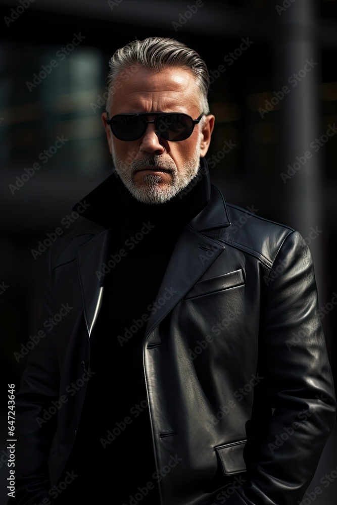 A man in a black jacket and sunglasses A man in a black jacket and sunglasses