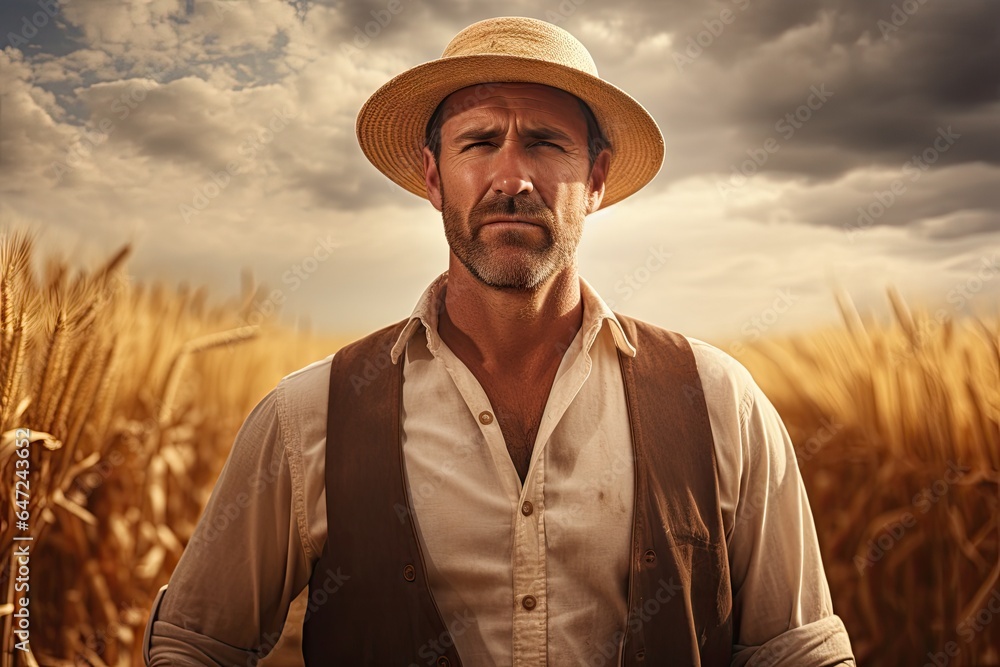 A man in a hat standing in a field of wheat