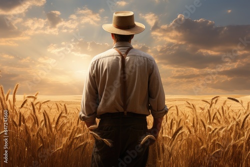 A man in a hat standing in a field of wheat © Tymofii