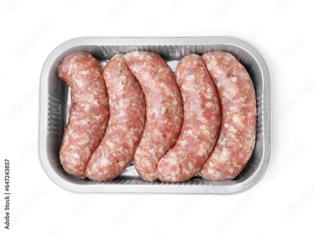 Container with raw homemade sausages isolated on white, top view