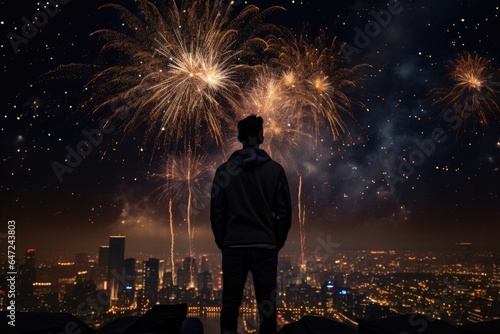 A man looks at fireworks in a dark sky