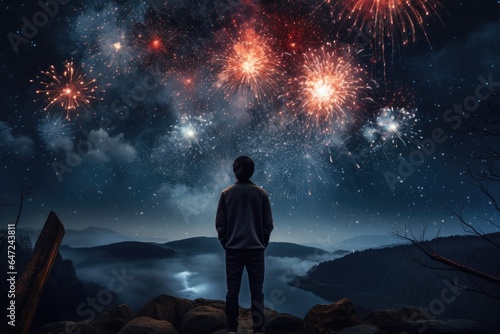 A man looks at fireworks in a dark sky