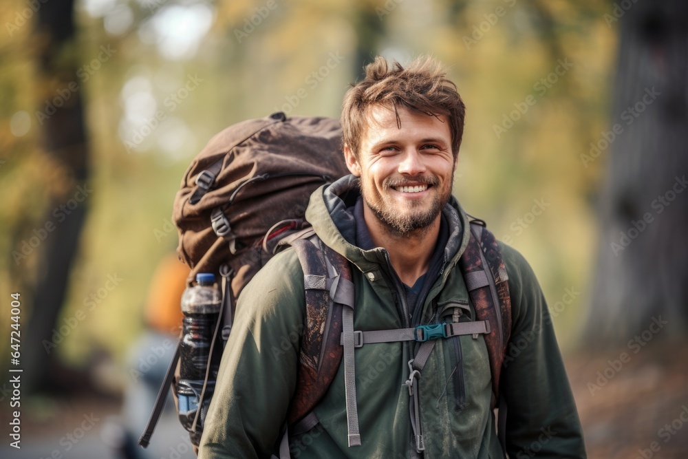 A man with a backpack smiles at the camera A man with a backpack smiles at the camera