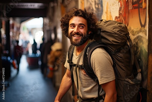A man with a backpack smiles at the camera