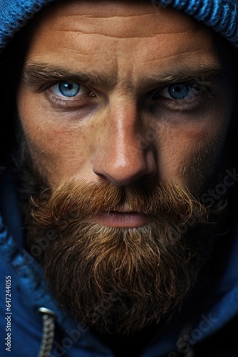 A man with blue eyes and a beard
