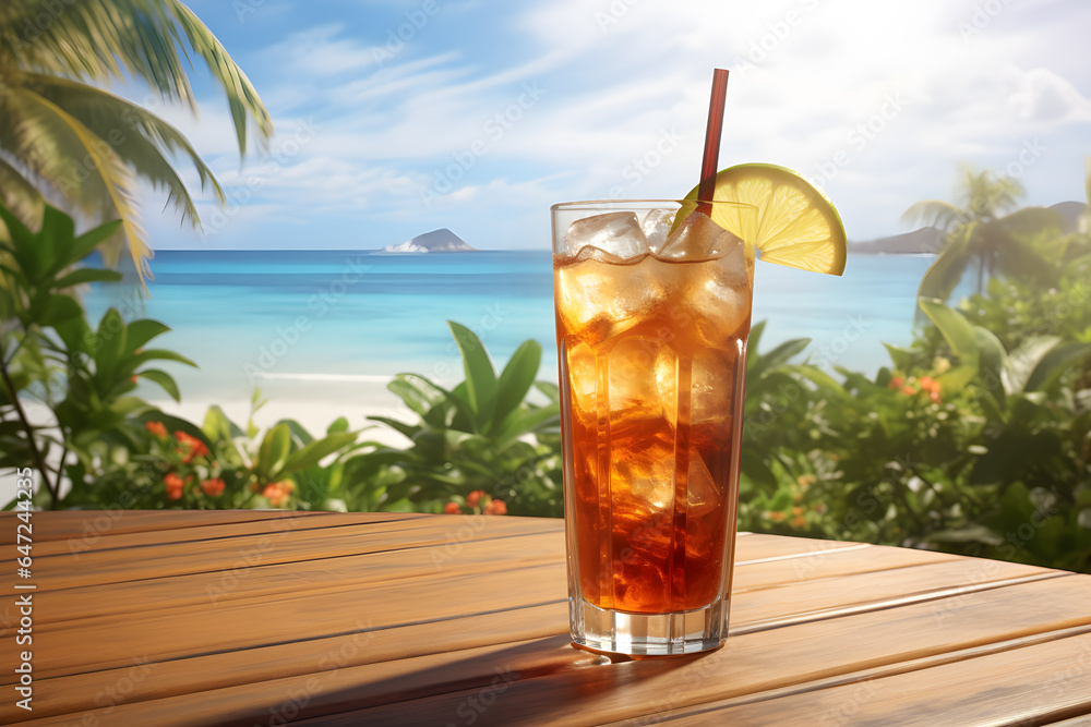 Iced tea with lemon slices and ice, fresh drink cocktail on a beach bokeh background. a glass of iced tea Iced tea with lemon slices and ice, fresh drink cocktail on a beach bokeh background. a glass of iced tea