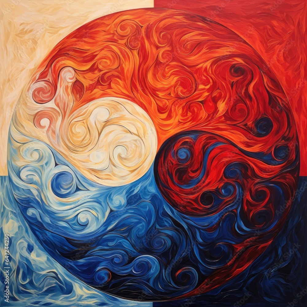 A painting of a red and blue Yin Yang A painting of a red and blue Yin Yang