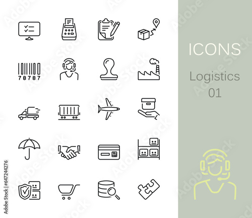 Logistics outline icons. Set of 20 logistics outline icons, vector illustrations. 
It contains icons, such as warehouse, barcode, operator, cargo, train, delivery, factory, cart, contract and more.