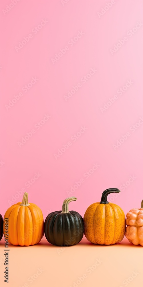 A row of colorful pumpkins on a pink background ai generated A row of colorful pumpkins on a pink background ai generated