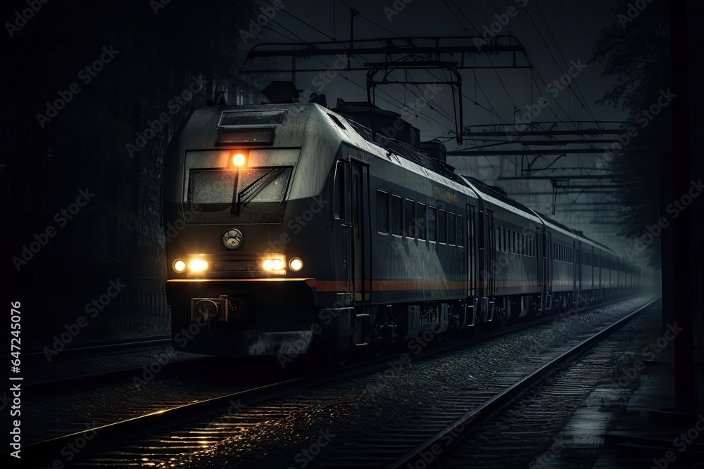 A train is on the tracks in a dark station