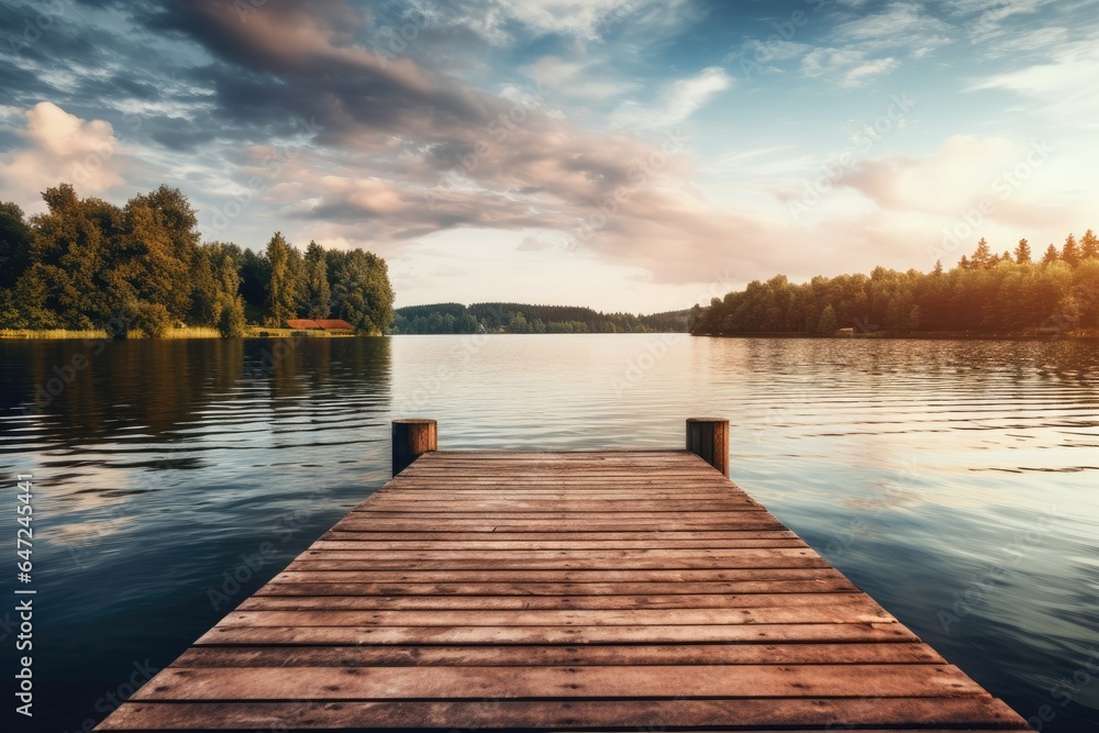 A wooden dock sitting next to a body of water - obrazy, fototapety, plakaty 
