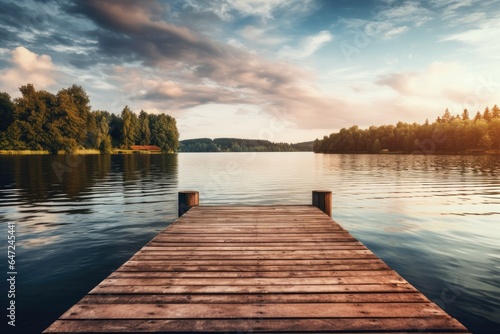 Fotografia A wooden dock sitting next to a body of water