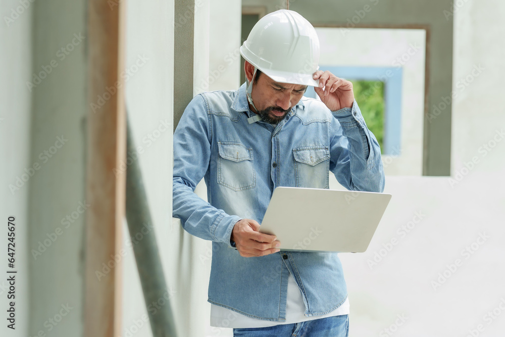 Indian architect with a mustache leaning against the cement wall of an unfinished house Carefully examine the diagram on the laptop computer. In the area of the house that is under construction Indian architect with a mustache leaning against the cement wall of an unfinished house Carefully examine the diagram on the laptop computer. In the area of the house that is under construction