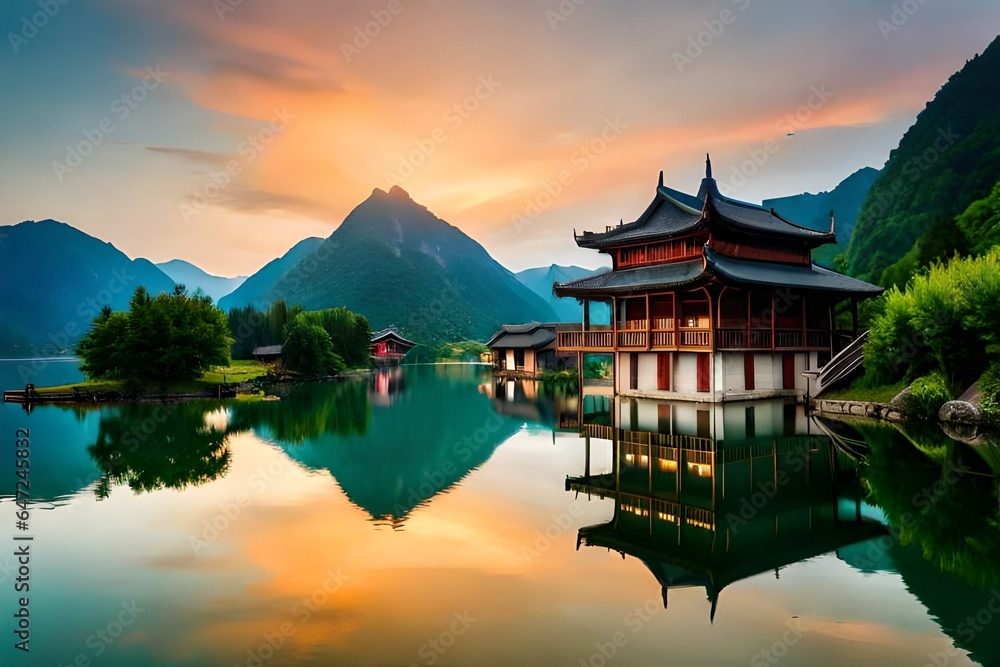 chinese temple at sunset,chinese pagoda,lake reflection,sunset landscape,serene scenery,peaceful atmosphere,nature photography. chinese temple at sunset,chinese pagoda,lake reflection,sunset landscape,serene scenery,peaceful atmosphere,nature photography.