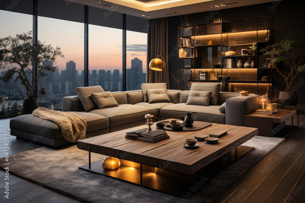 Modern style living room with large window and luxury furniture Modern style living room with large window and luxury furniture