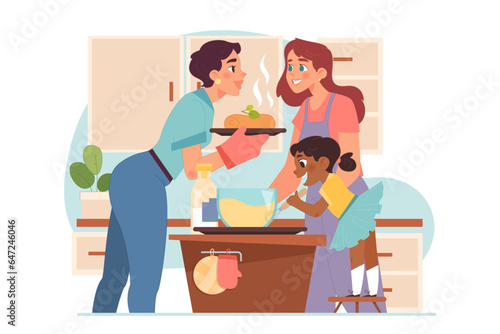 Cute homosexual lesbian couple with child making dinner at the kitchen.