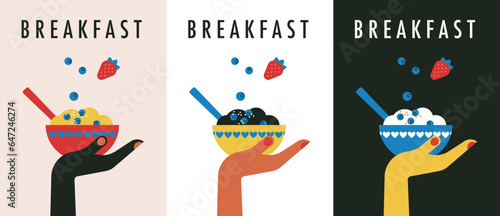 Healthy breakfast. Tasty cereal served with blueberries and strawberries. Set of three banners. Berries and muesli vector illustration. Flat trendy abstract style. Morning poster. Isolated elements.