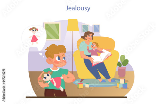 Children emotions. Little kid feels jealous about lack of attention. Sibling