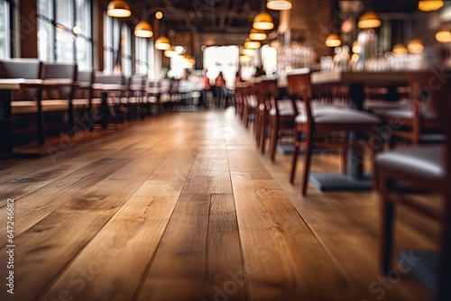 Blurry restaurant with wooden floor