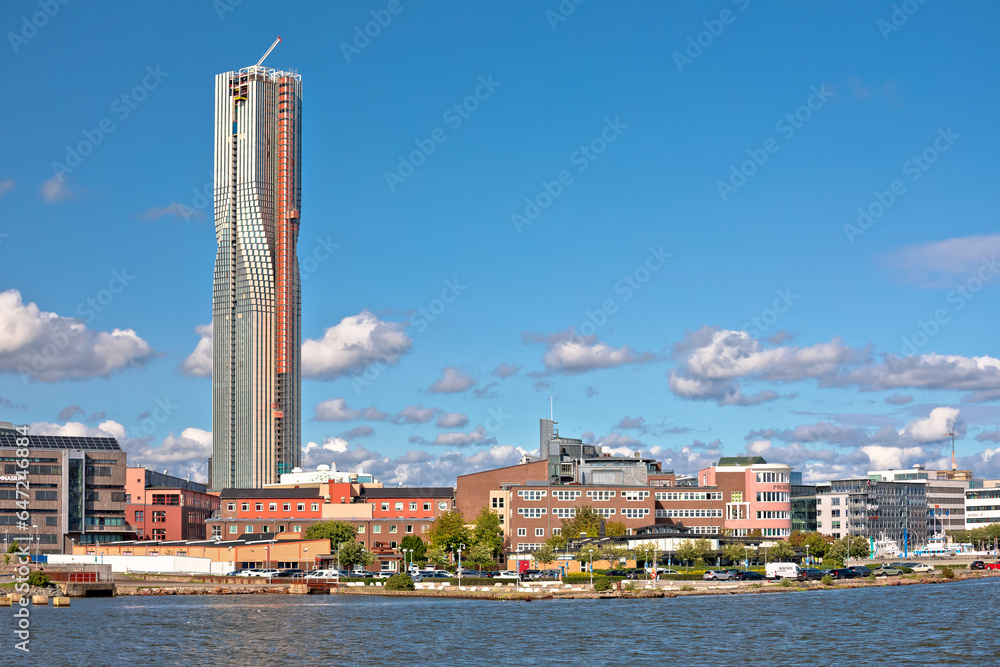View of Gothenburg coastline and construction site of largest Scandinavian skyscraper