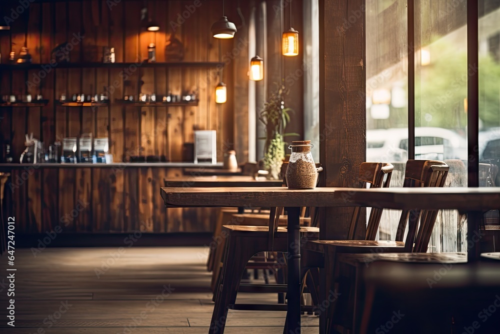 Coffee shop with wooden walls unfocused