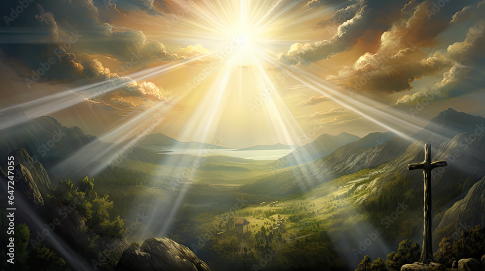 Heavenly Rays Illuminating a Cross on a Hill