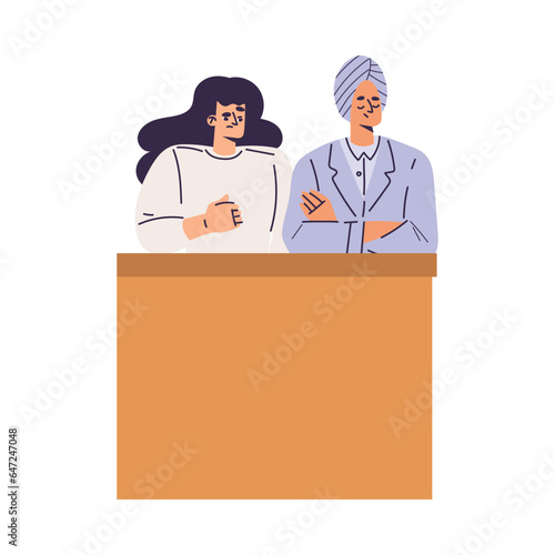 Litigation with Man and Woman at Tribune at Courtroom Engaged in Settlement Vector Illustration