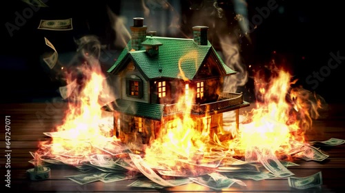 Captivating visual representation of a turbulent real estate market, symbolized by houses on fire. Ideal for illustrating financial instability, market crashes, or investment risks.  photo
