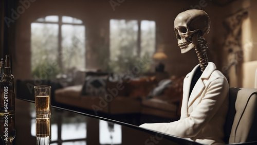 skeleton looking sad in living room with alcoholic drink