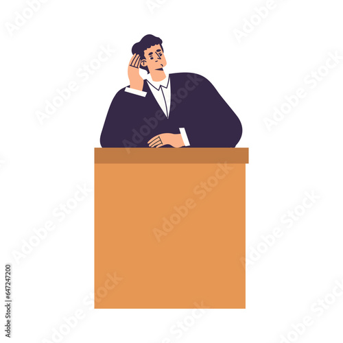 Litigation with Man Judge Character at Desk in Courtroom Engaged in Settlement Vector Illustration