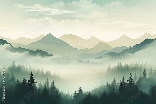 Retro foggy scenery with mountains, trees, and open space. Generative AI