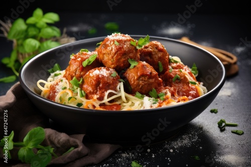 Delicious fresh meatballs and pasta in tomatoes