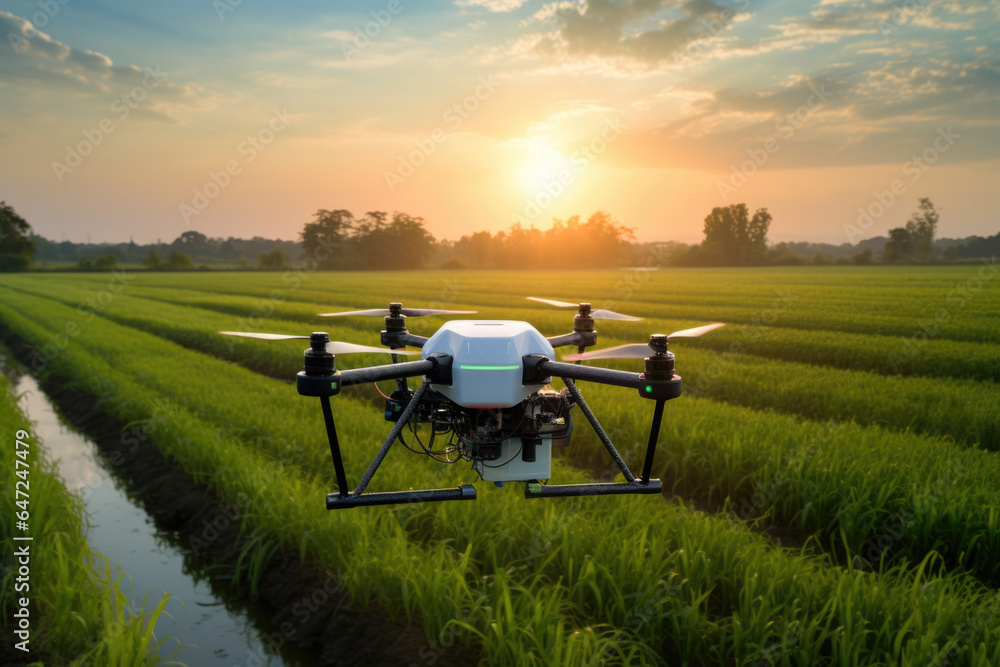 An agricultural quadrocopter flies over farm fields against the backdrop of dawn.