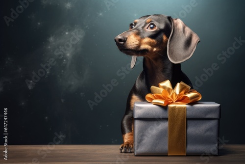 Dog sitting next present grey background