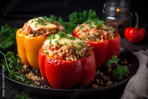 Stuffed red bell peppers filled with quinoa and cheese. Generative AI photo