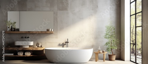 Bathtub near concrete wall with window sink and mirror nearby