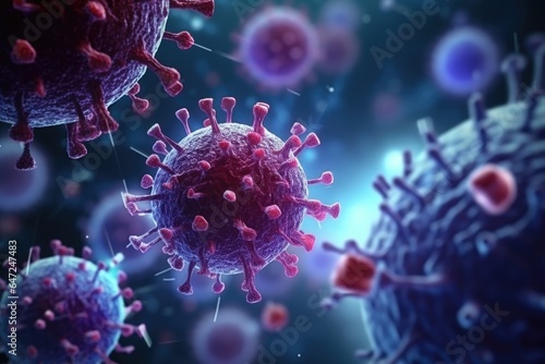 Large flying virus close-up on blue background. Concept of viruses.