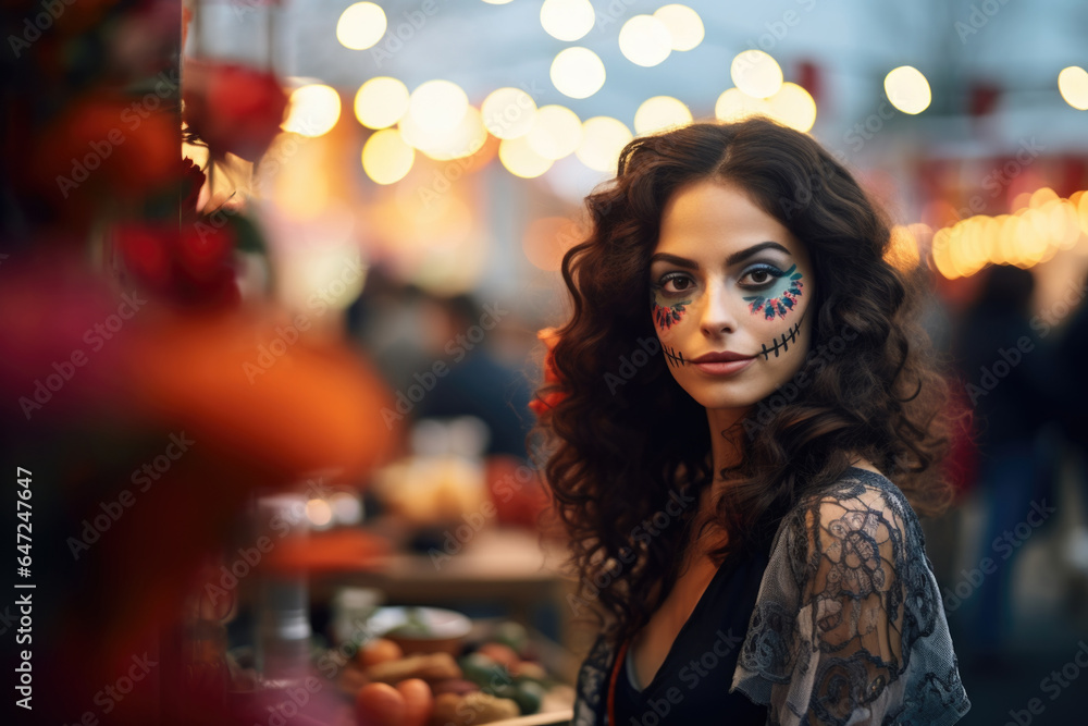 Street portrait of a gorgeous brunette with festive death day makeup. Street portrait of a gorgeous brunette with festive death day makeup.