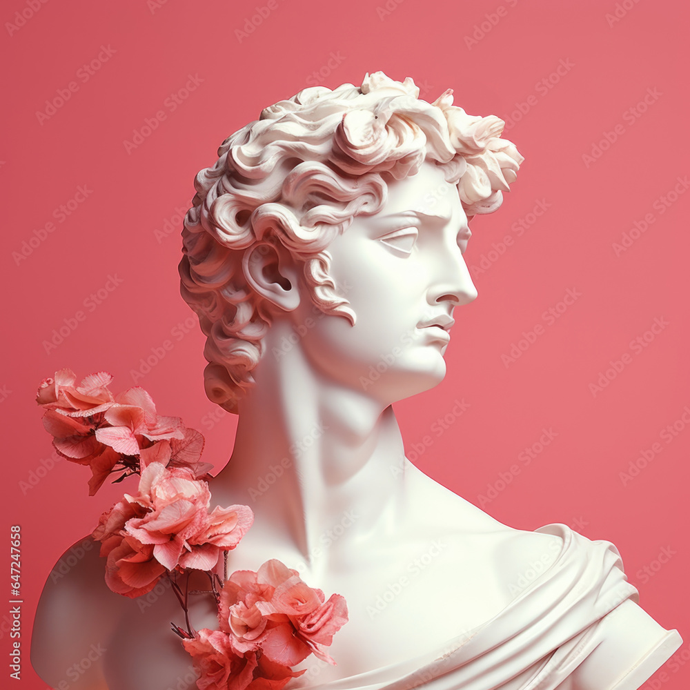 White sculpture of apollo with flowers on a pink background.