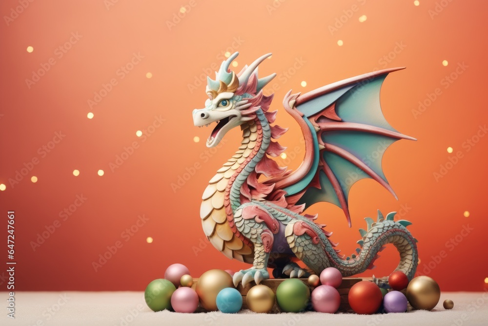 Obraz premium New Year colored dragon with Christmas balls on orange background.