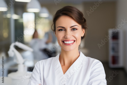 Female portrait of a smiling dentist against the background of a dental office.