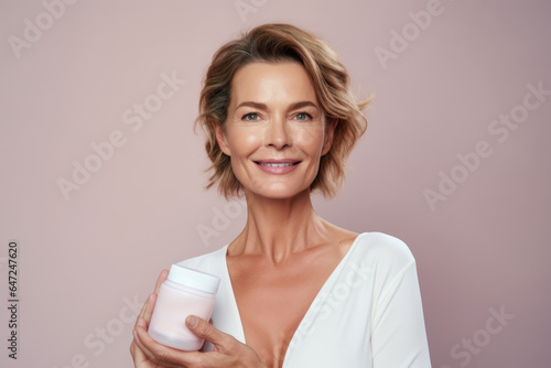 Portrait of a fifty year old european with a well-groomed woman holding a jar of cream.