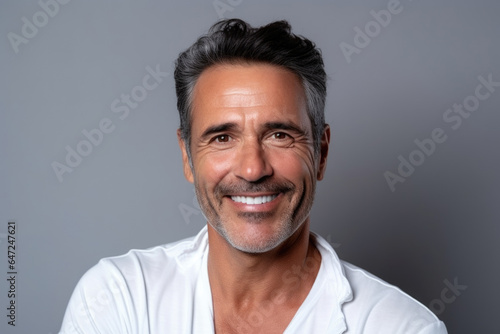 Portrait of a happy fifty year old well-groomed man on a gray background.